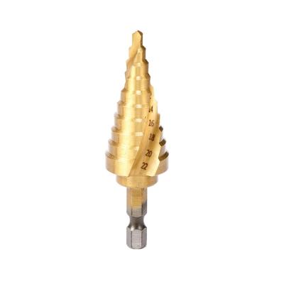 China Hot Sale Wooden Triangular Shank Shank Spiral Groove Step Drill Stainless Steel Hexagonal Hole Reaming Drill Bit for sale