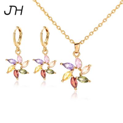 China 2022 FASHIONABLE JH Simple Flower Shape Jewelry Set Fashion Ladies 14/18/22 K Gold Plated Brass CZ Necklace Earrings Jewelry Set for sale