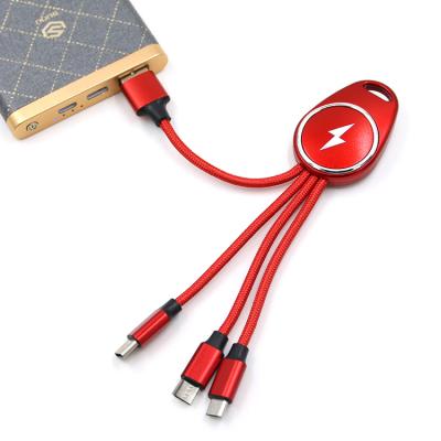 China 3 in 1 2019 New 3 in 1 Nylon Braided Cable with Double Sides Led Light Up USB Keychain Logo Charging Cable for sale