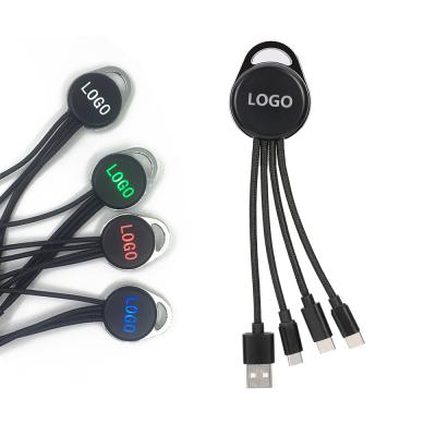 China 3 in 1 New Arrival Led Double Side Logo Luminous Charging Cable Nylon Braided 3 in 1 USB Cable Charger for sale