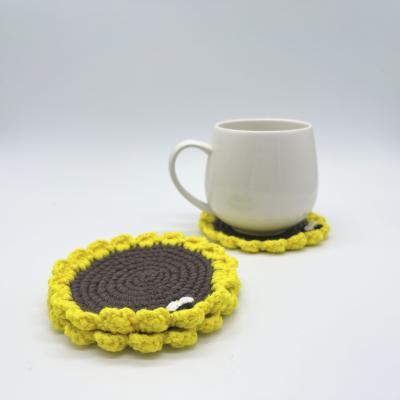 China Flower Viable Custom Size Cotton Weave Sunflower Tea Coaster Handmade Knitted Coaster Cup Cushion With Non Slip for sale