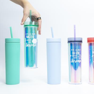 China Homefish OEM 450ml Sustainable Wall Double Plastic Tumblers With Straw DIY Juice Cups Portable Clear Drink Water Bottle for sale