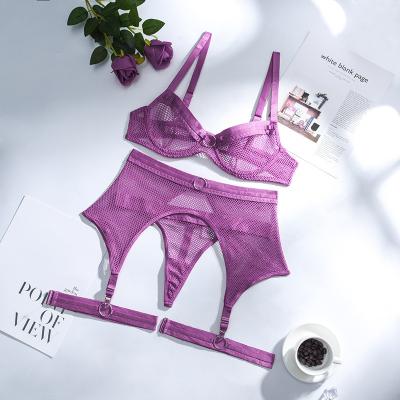 China Breathable sexy lift up bra suit lace grid strap cross garter three-piece split suit for sale