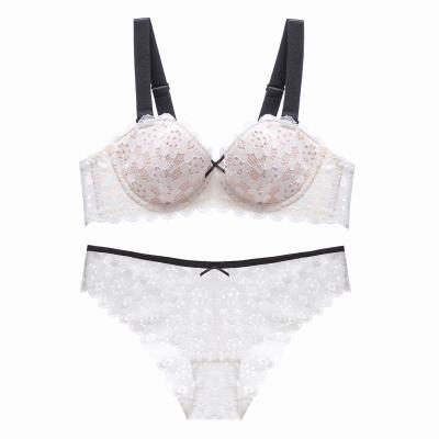 China QUICK DRY French Sexy Lace Thin Cotton Pad Contrast Color Straps Ring Side Gathering Push-Up Bra Soft Steel Set for sale