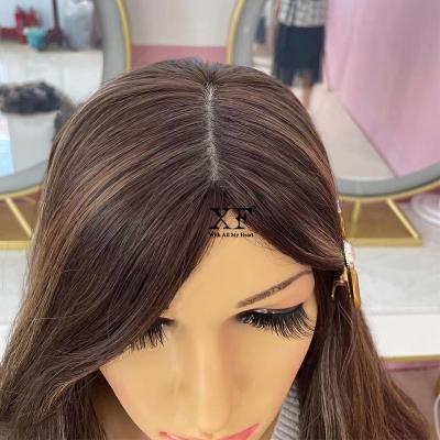 China Wavy Hair In Base Color 4*4 Hantied Big Highlights Layer Jewish Wigs Size Current Blonde Silky Brazilian Hair for sale