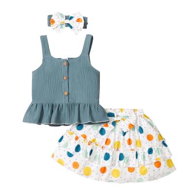 China 2021 Simple Solid Color Breathable Sling Amazone Breasted Ruffle Bow Headband Polka Dot Print Short Skirt 3PCS Costume Kids Dress Set for sale