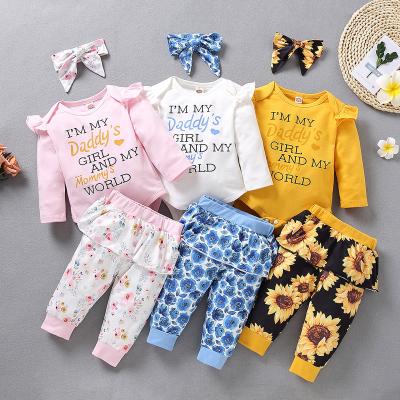 China 2021 Autumn Breathable Spring Long Sleeve Headband Letter Romper Flower Print Pants 3PCS Girls Dress Set for sale