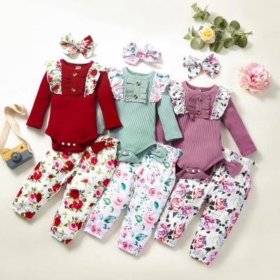 China 2021 Autumn Spring girls breathable clothing headband long sleeved solid color romper bow flower printing cute baby clothes for sale