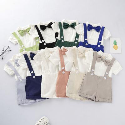 China 2021 Summer Clothes Solid Color Newborn Shorts Sleeved Tops Rompers Breathable Suspenders Shorts Baby Boy Two Piece Suit Clothing Sets for sale