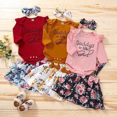 China 2021 Autumn Kids Clothing Long Sleeve Casual Letter Print Romper Flower Suspender Trims Headband Three Piece Costume Baby Set for sale