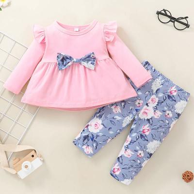 China Breathable spring 2021 new autumn long sleeve bow T-shirt flower pants two pieces baby sportswear girl printed pantsuit for kids for sale