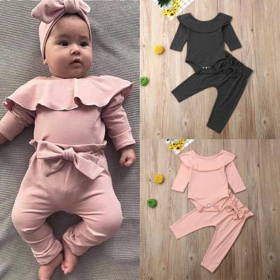 China 2020 Top Solid Autumn Cotton Long Sleeve Outfit Pants Bowknot Pants Toddler Kids Girl Breathable Ruffle Romper Jumpsuit Clothes Set for sale