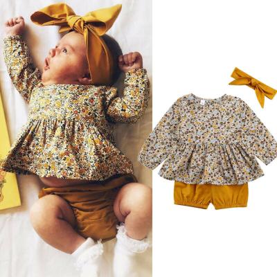 China Polyester/Cotton 0-18 Months Newborn Infant Clothes Sets Toddler Babies Floral Tops Brown Short Pants Babies Outfits Newborn Clothing for sale