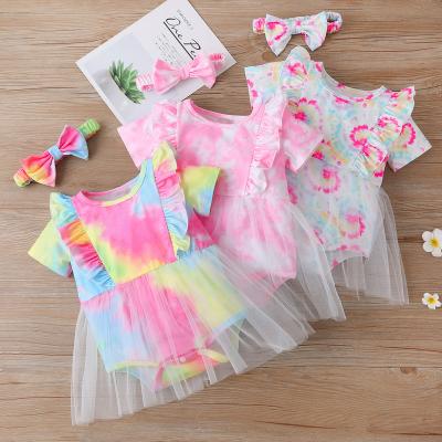 China 2021 Polyester Tie Dye Print Romper Overalls Tulle Dress Headband Outfits Babies Casual Polyester/Cotton Princess Summer Short Sleeve for sale