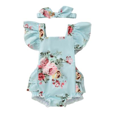 China 2021 New Summer Cotton Polyester/Cotton Newborn Headband 2pcs Costume Flowers Printed Ruffles Short Sleeve Backless Overalls Babies Rompers for sale