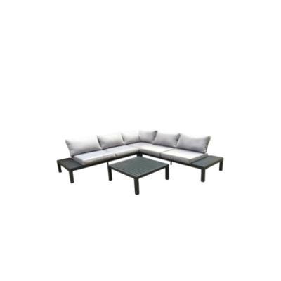 China Super Comfort Outdoor Modern L Shape Frame Sectional Black Aluminum Water[proof Fabric Corner Sofa Set With Removable Cushion And Table for sale