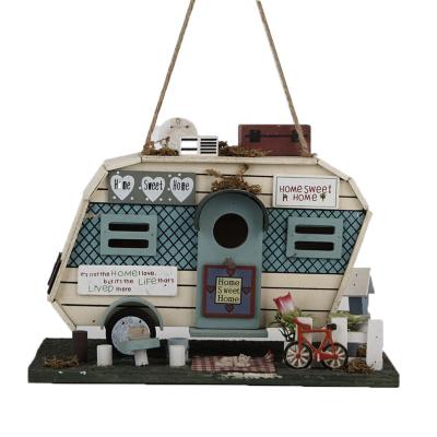 China Sustainable Car Shape Garden Patio Wooden Handmade Bird House For Gift And Decorative Hanging Colorful Bird Feeder for sale