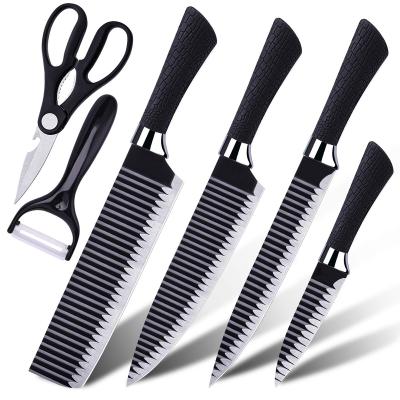 China Thumb Knob High Quality Specialized Stainless Steel Black Cut Cutter Corrugated Non Stick Coating Kitchen Knife Set 6pcs for sale