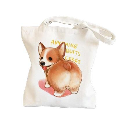 China Kawaii Corgi Dog Folding Durable Animal Beach Bags 2021 Women Summer Printed Tote Bag Custom Canvas Tote Bag for sale