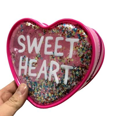 China Fashionable Wholesale Phthalate Clear PVC NON Glitter Cosmetic Bag Heart Shape Makeup Bag Toiletry Bag With Liquid Glitters for sale