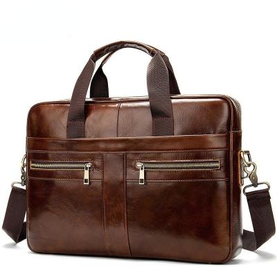 China Retro GENUINE LEATHER Men's Briefcase Shoulder Messenger Bag Men's Business Top Layer Bag Laptop Leather Bag for sale