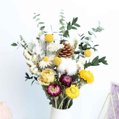 China Celebration Dry Flower Bouquet Eucalyptus Leaves Rose Daisy Mixed Dried Flower for sale