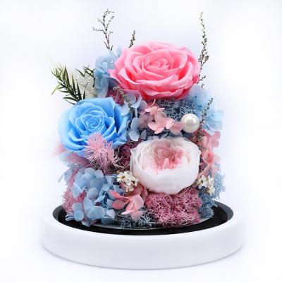 China Fashional Gift Box Eternal Valentine's Day Flower Gift LED Box Eternal Rose In Dome Glass Gift Box for sale