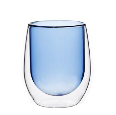 China High Temperature Resistance 300ML Double Wall Hot Selling Blue Glass Mug for sale