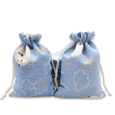 China Recyclable Cartoon Printed Cotton Cloth Bag Small Canvas Storage Bag Handmade Drawstring Christmas Gift Pouch for sale