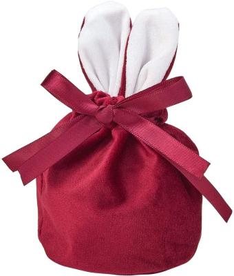 China Recyclable Dark Red Round Bottom Easter Bunny Ear Velvet Jewelry Bags Velvet Candy Bag With Drawstring Storage Rabbit Ears Gift Bag for sale