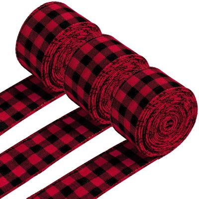 China Buffalo Plaid Floral Black Red 2.5cm Ribbon Wired Edge Burlap Ribbons DIY Gift Wrap Ribbon Vintage Crafts Christmas Decoration for sale