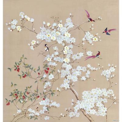 China Real silk wallpaper of modern chinoiserie hand painted wallpaper for home decoration for sale