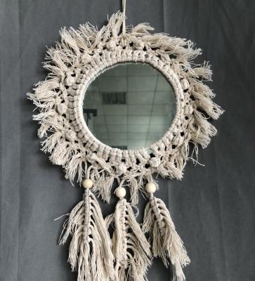 China Macrame Tapestry Style Rustic Indian Handmade Rope Woven Wedding Decoration Round Wall Mirror for sale