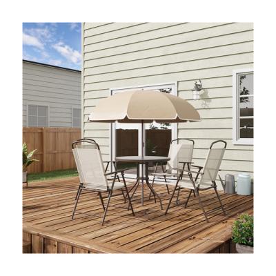 China AJUNION Metal Patio Furniture Set Foldable Chairs and Dining Table with Umbrella Hole for sale