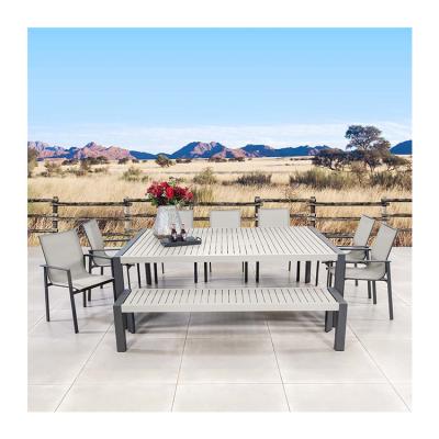 China Outdoor Dining Set with Bench AJUNION 9 Piece Aluminum Frame and Metal Patio Furniture for sale