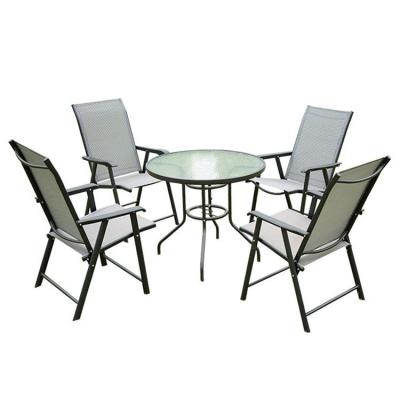 China Aluminum Frame Outdoor Garden Set with Round Glass Top Dining Table and Teslin Chairs for sale