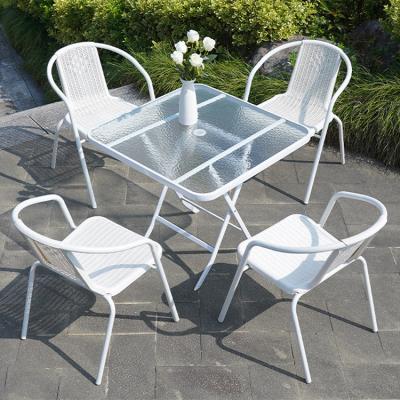 China Outdoor Restaurant Balcony Cafe Patio Garden Set Rattan Chair and Small White Square Table for sale