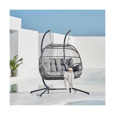 China Outdoor Hanging Chair AJUNION Double Seat Wicker Rattan Egg Patio Swings with Stand for sale