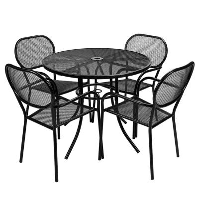 China Outdoor Bistro Cafe Garden Courtyard Patio Metal Iron Round Tables And Chair Set with Umbrella Hole in Modern Design for sale