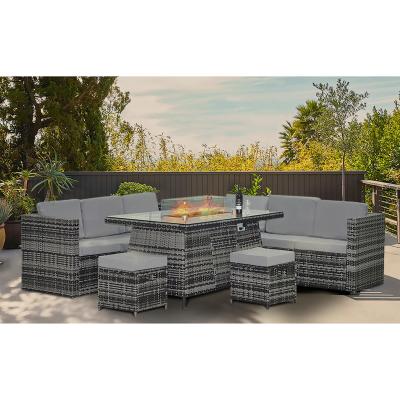 China Leisure Outdoor Steel Tube Frame AJUNION Wicker Rattan Garden Set with Fire Pit Table for sale