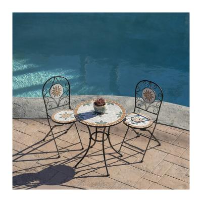 China AJUNION 3 Piece Iron Mosaic Tile Patio Bistro Set with Ceramic Table and Folding Chairs for sale