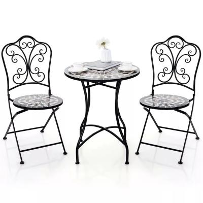 China Outdoor Furniture AJUNION 2 Seating Chair and Table Set Metal Iron Foldable Chair Antique Mosaic Tile Table Bistro Set for sale