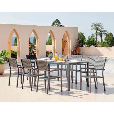 China Aluminum Outdoor 8 Seat Dining Set Teak Wood Slatted Tabletop Dining Table Garden Set for sale