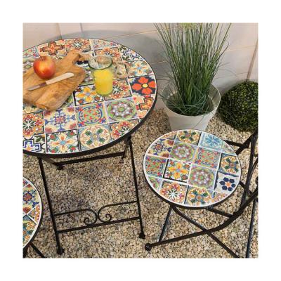 China AJUNION 3pcs Outdoor Bistro Metal Table Chair Set Antique Mosaic Ceramic for Garden for sale