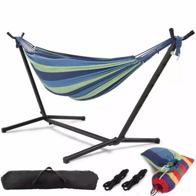 China Home Outdoor Garden Camping Portable Lightweight Folding Double Cotton Hammocks with Metal Stand for sale