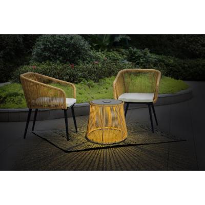 China Modern Design 3 Piece Bistro Set Wicker Rattan Chair Furniture with LED Solar Light for sale