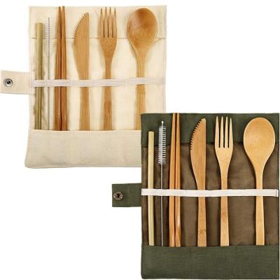 China Viable Non-disposable Portable Travel Bamboo Cutlery Tableware Set Include Knife Fork Spoon Cutlery Bag and Biodegradable Straw for sale