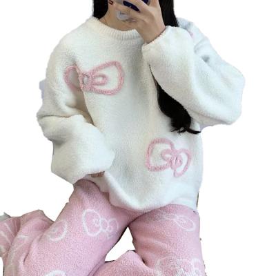 China Korea Wholesale High Quality Women's Fuzzy Fleece Tracksuit Sleepwear QUICK DRY 2 Piece Set Comfortable Pullover All Over Bow Lounge Wear Sweater for sale