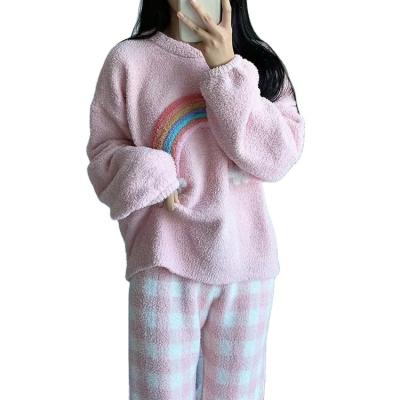 China Custom Logo Winter Thermal Comfortable Fluffy Nightgown Sleepwear QUICK DRY Two Piece Set Women Knitted Rainbow Square Top Panty for sale