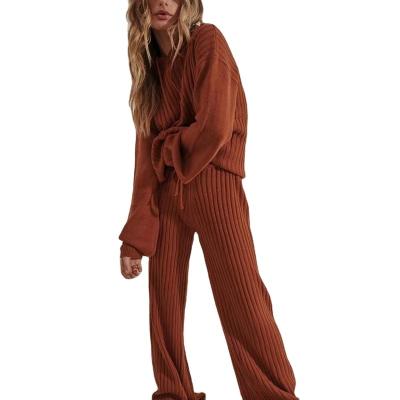 China QUICK DRY Comfy Ribbed Pullover Plain Knit Loose Sweater Pajamas Set Long Sleeve Sweater Hoodies Sports Two Piece Pants Set for sale